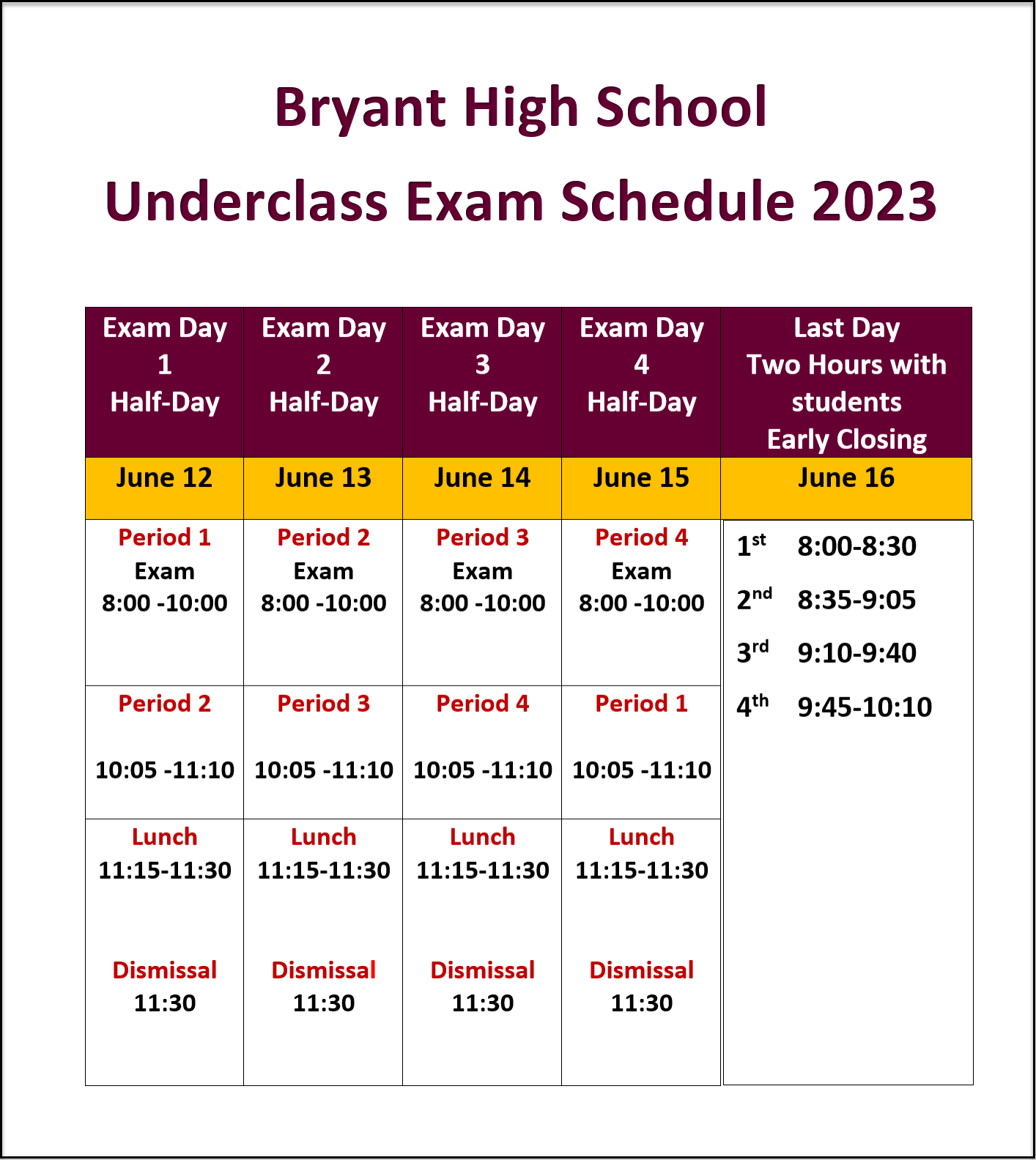 Underclass Student Exam Schedule